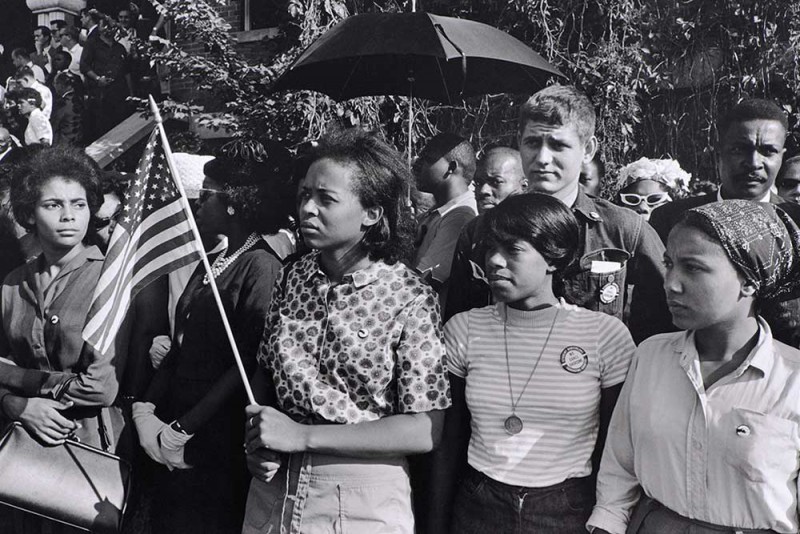 SNCC workers outside the funeral for girls killed at the Sixteenth Street Baptist Church: Emma Bell, Dorie Ladner, Dona Richards, Sam Shirah and Doris Derby, Birmingham by Danny Lyon