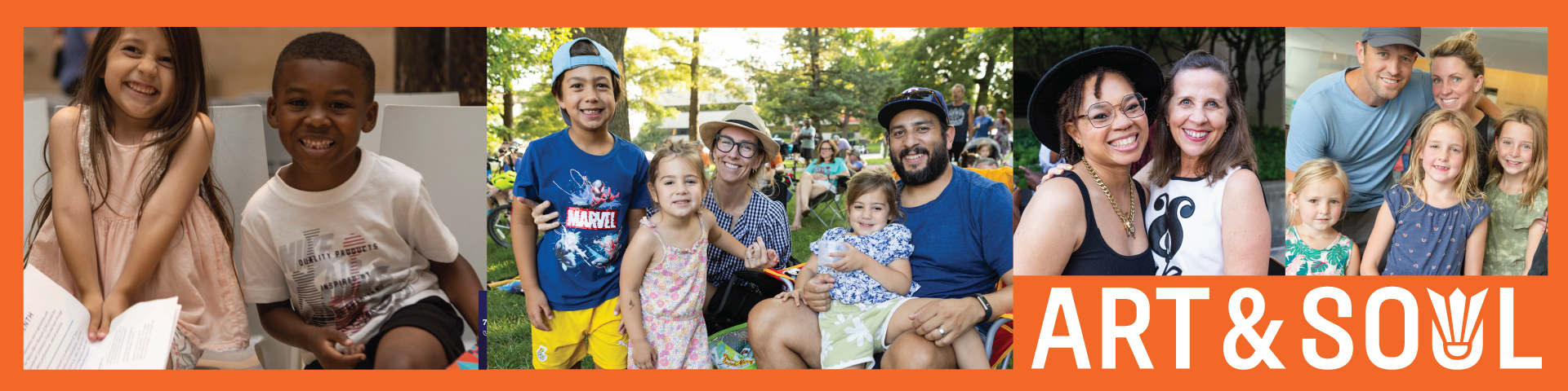 Banner image of diverse museum members bordered by orange and the text "Art & Soul" in bottom right corner