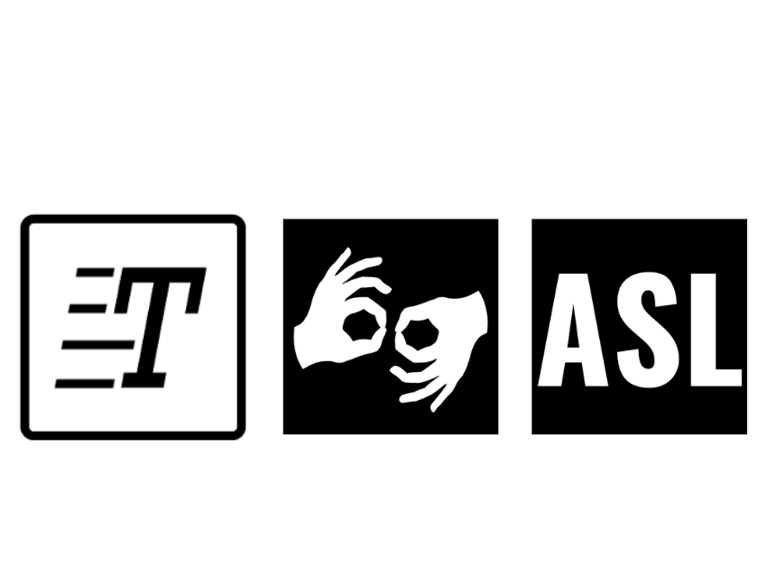 Icons for ASL, Interpreter, and CART captioning