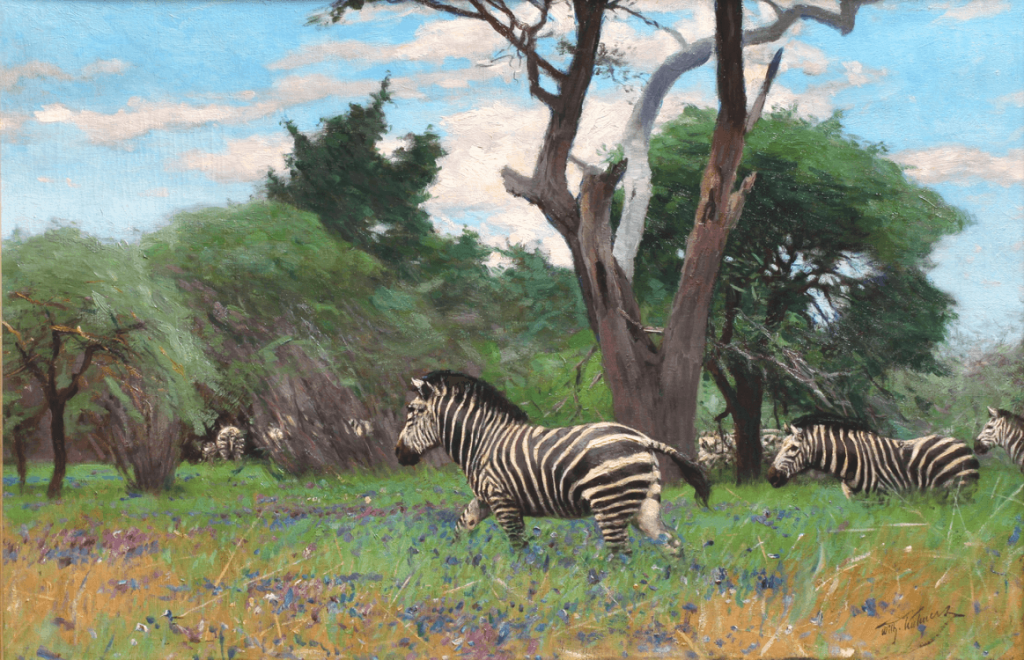 Herd of zebra in meadow.