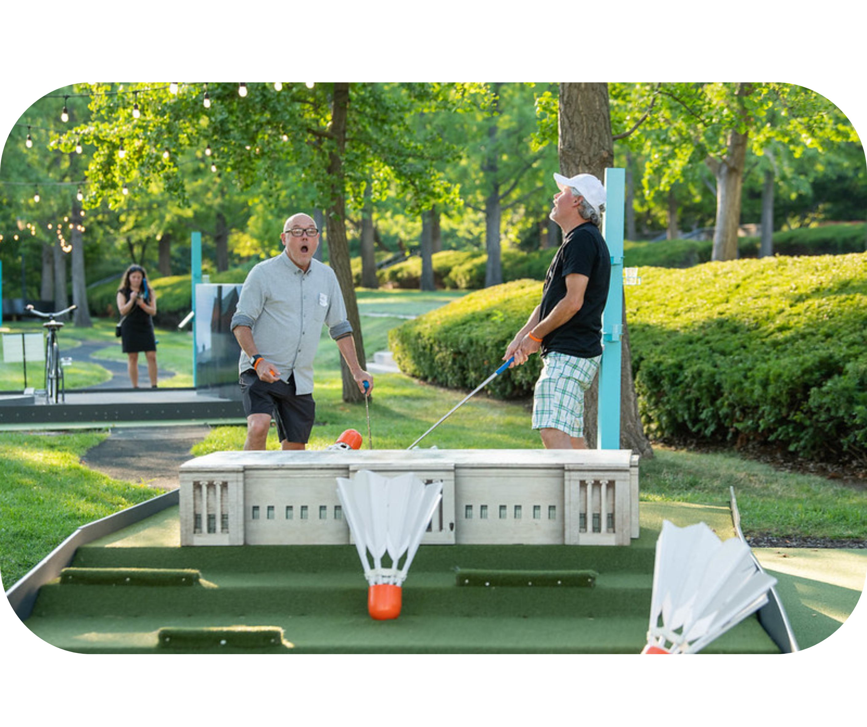 A mini-golf hole on the Nelson-Atkins Art Course inspired by Claes Oldenburg and Coosje van Bruggen's Shuttlecock sculptures.