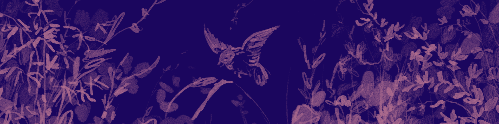 Graphic of pink birds and plants on purple background.