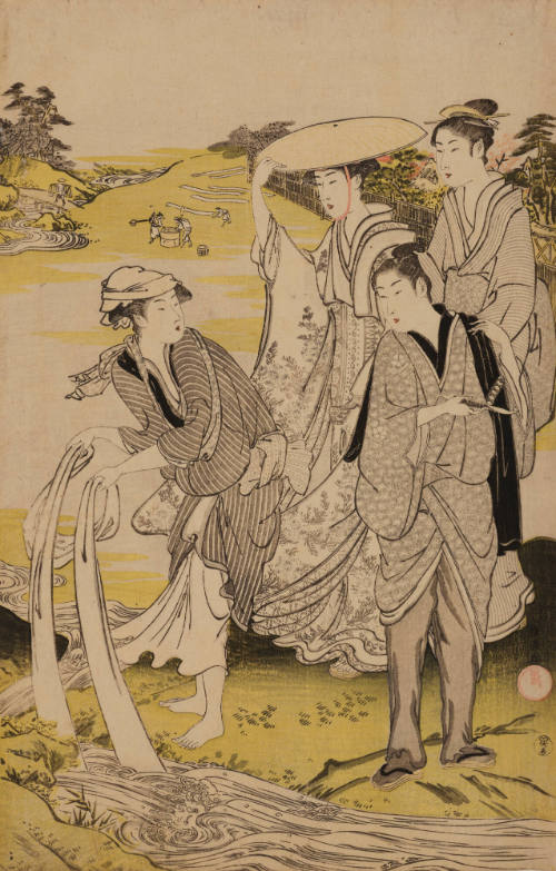 Four figures standing near a river 