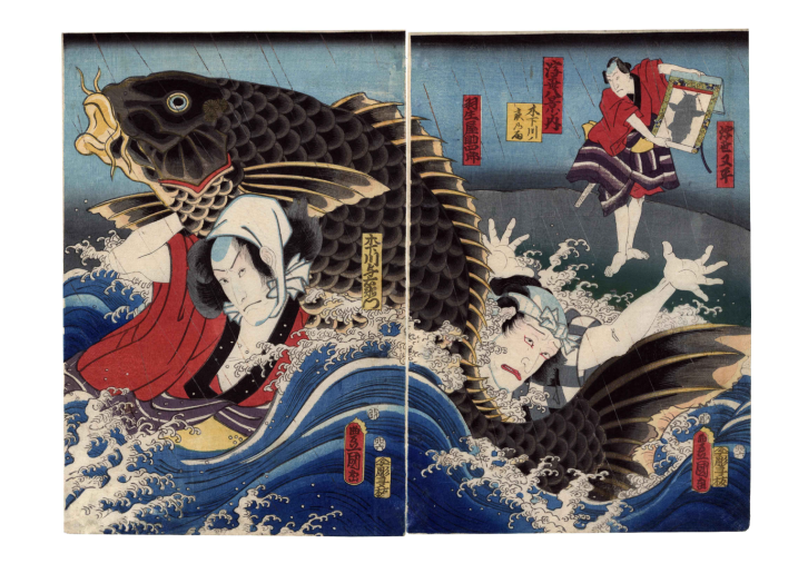 Image of two people wrestling a fish in a river