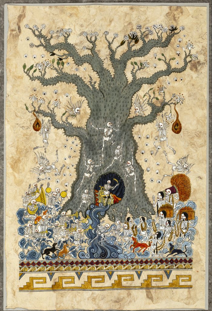 Watercolor depiction of gray tree with skeletal figures