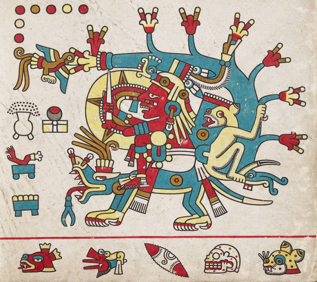 Painted image on old paper of red warrior figure with colorful animals and patterns.