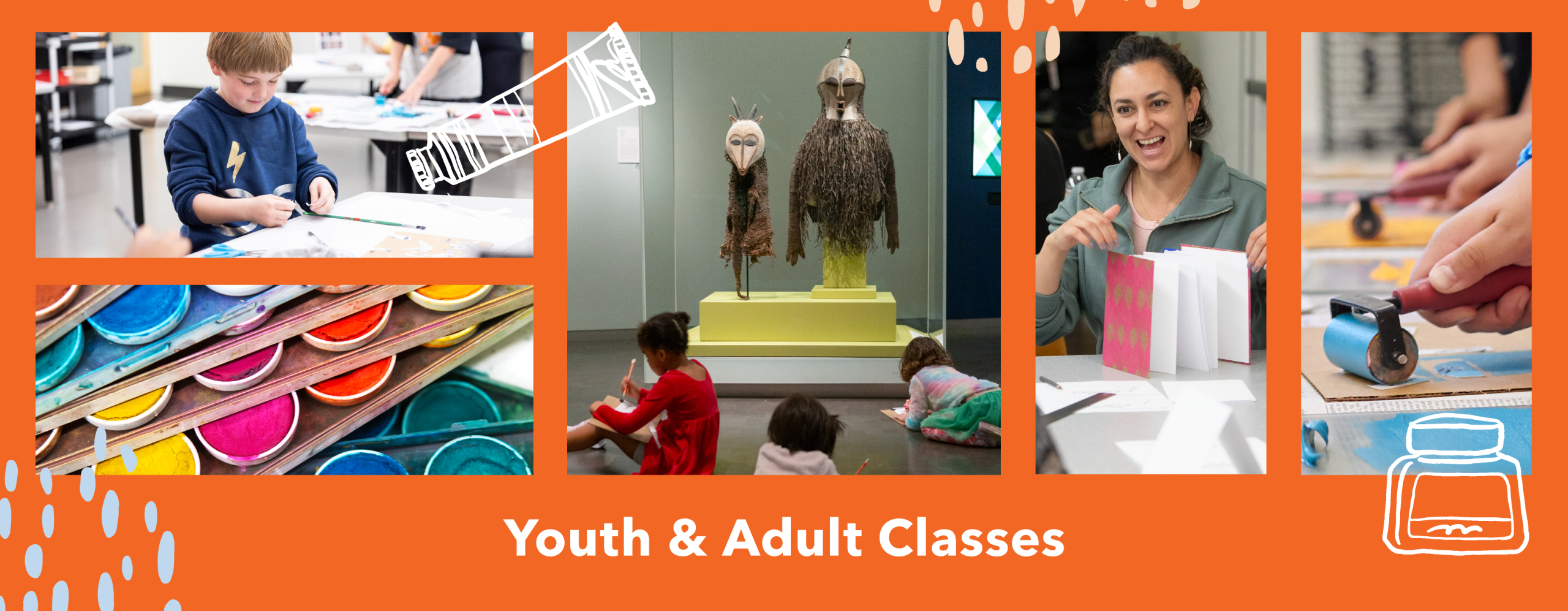 A collage of images featuring adults and children making art in classrooms and studio spaces.