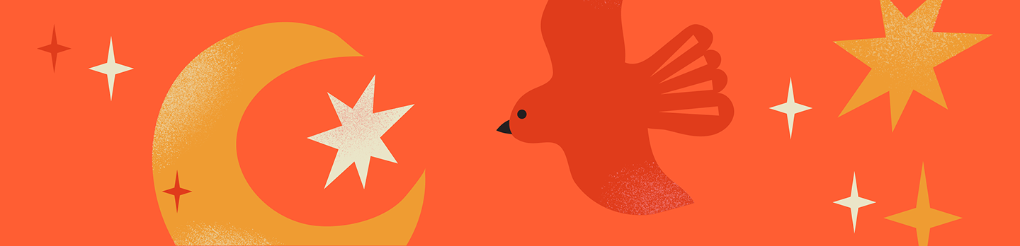 An orange banner image with a bird, moon, and stars