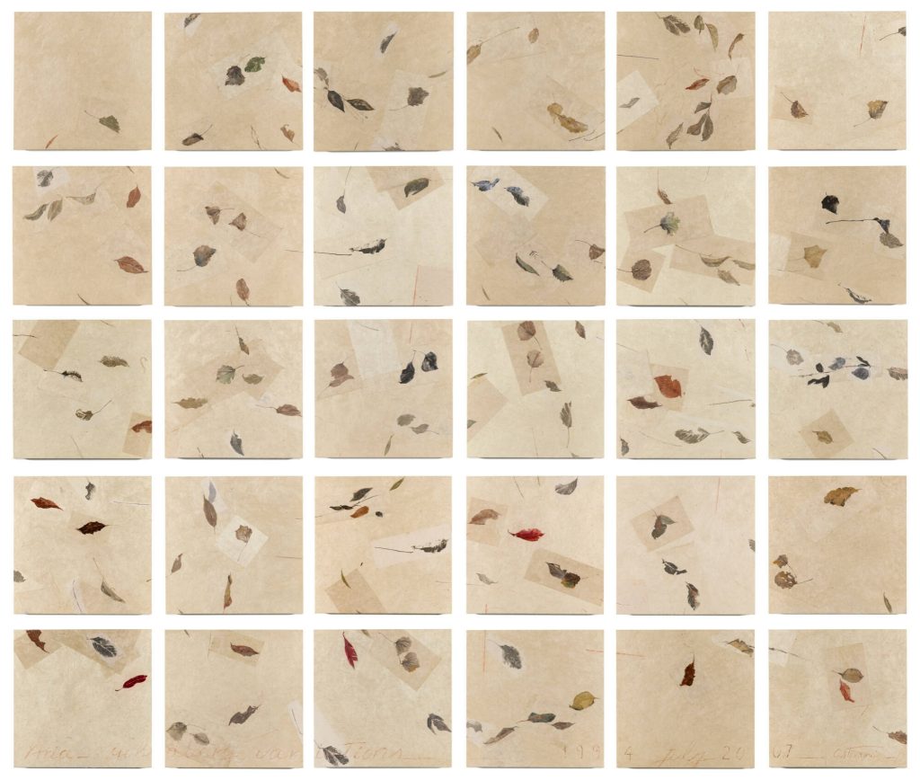 Watercolor, drawings, lithography, and collages on Nepal paper marouflé on wood panels