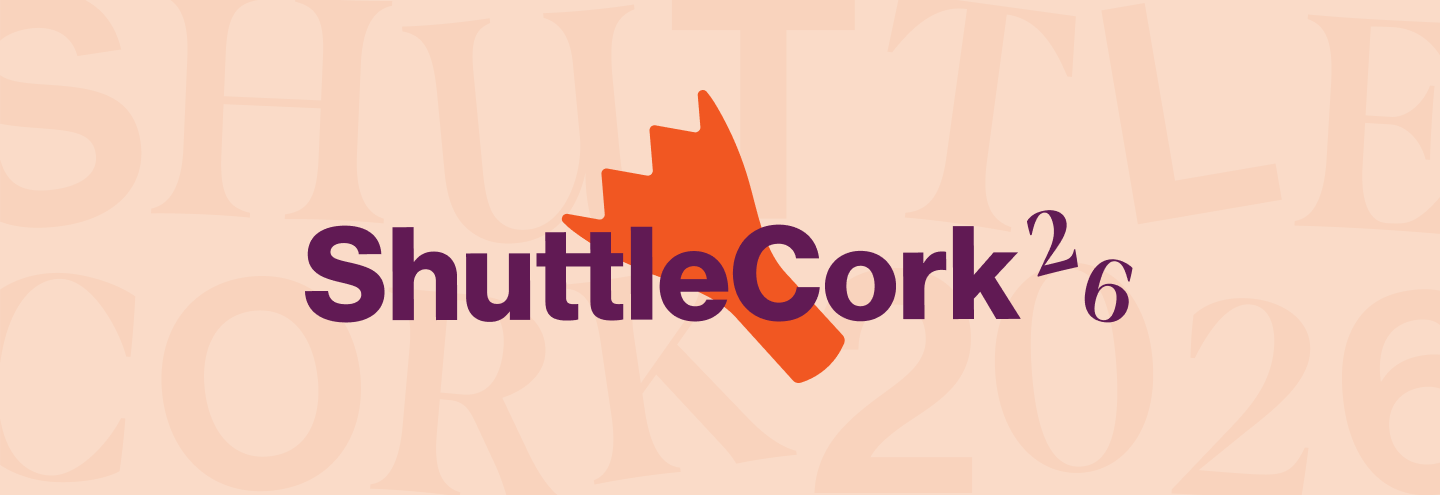 purple "shuttlecork 2026" text on salmon background.