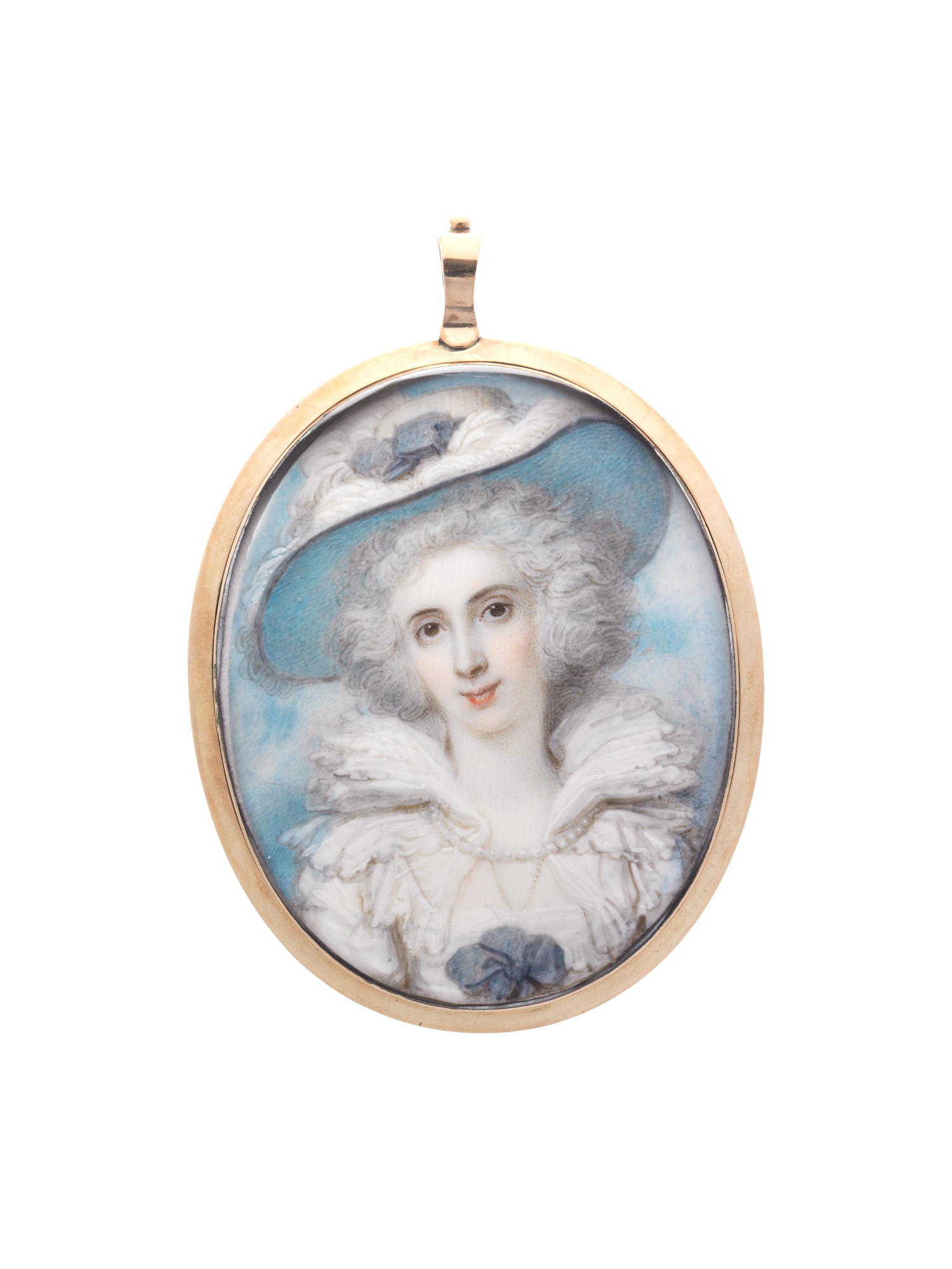 An image of a painted portrait of a woman with white hair and pale skin