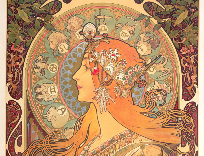 Image of woman viewed from side with curling hair and zodiac symbols forming a halo around her