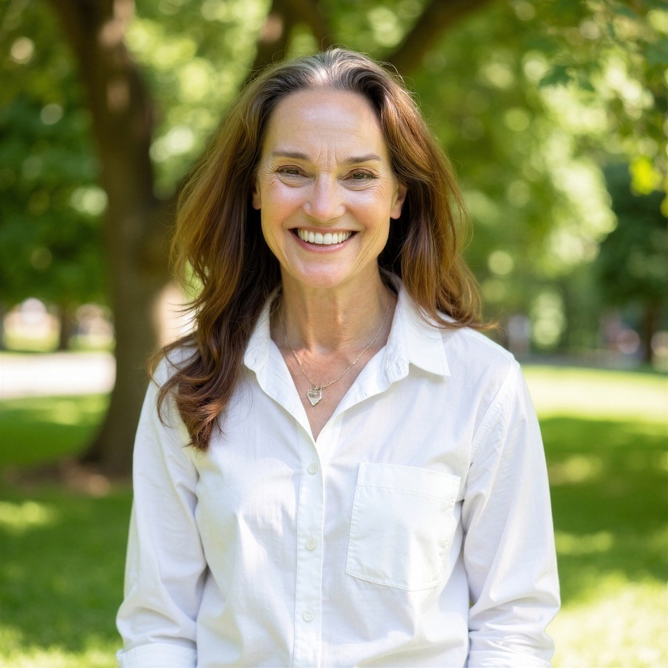 A person in a white shirt with long brown hair smiling with trees in the background